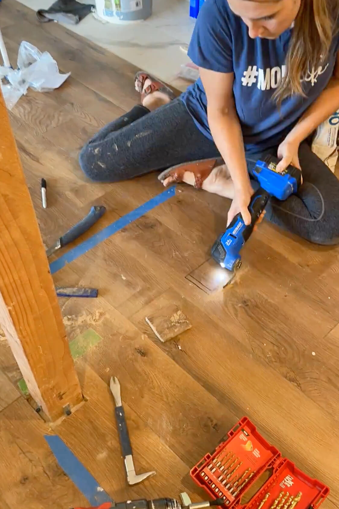 Cutting a hole in the flooring for an island leg.